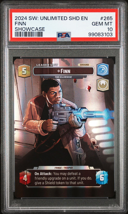 2024 STAR WARS: UNLIMITED SHADOWS OF THE GALAXY 265 FINN, THIS IS A RESCUE SHOWCASE PSA 10